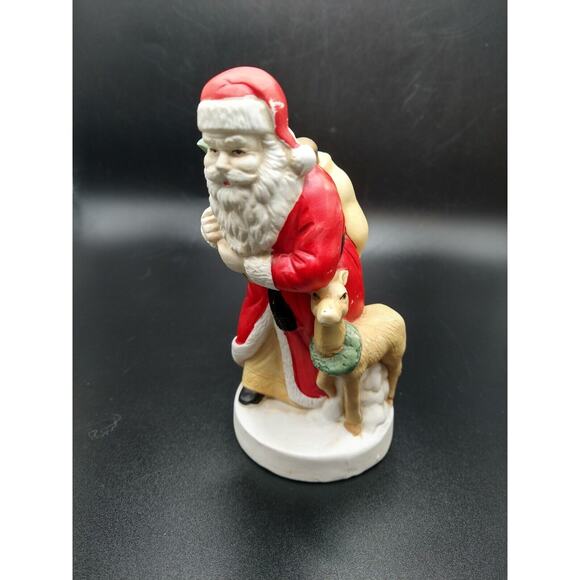 Santa Claus Vintage Porcelain Figure Deer Sack 5.25” Tall Christmas Holiday Deco - Picture 6 of 10